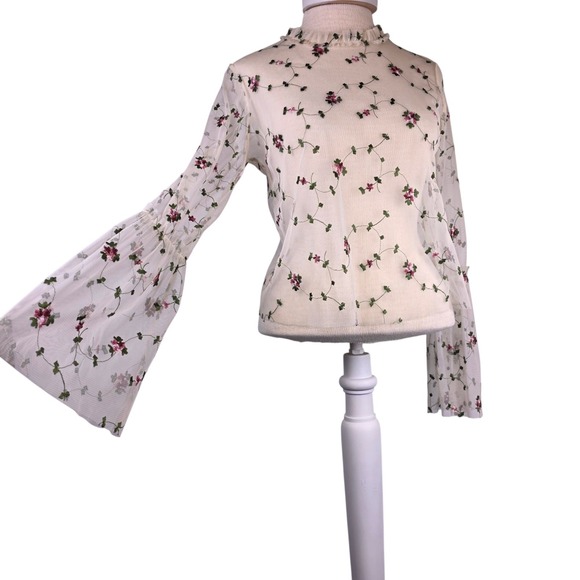 Ro&De Tops - Ro&De Women's S Sheer Mesh Top Floral Embroidered Bell Sleeve White Mock Neck